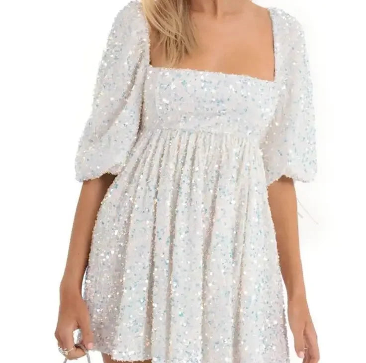 New Fashion Sexy Sequin Short Sleeve Square Neck Solid Color Slim Fit Dress For Women,5 Colors