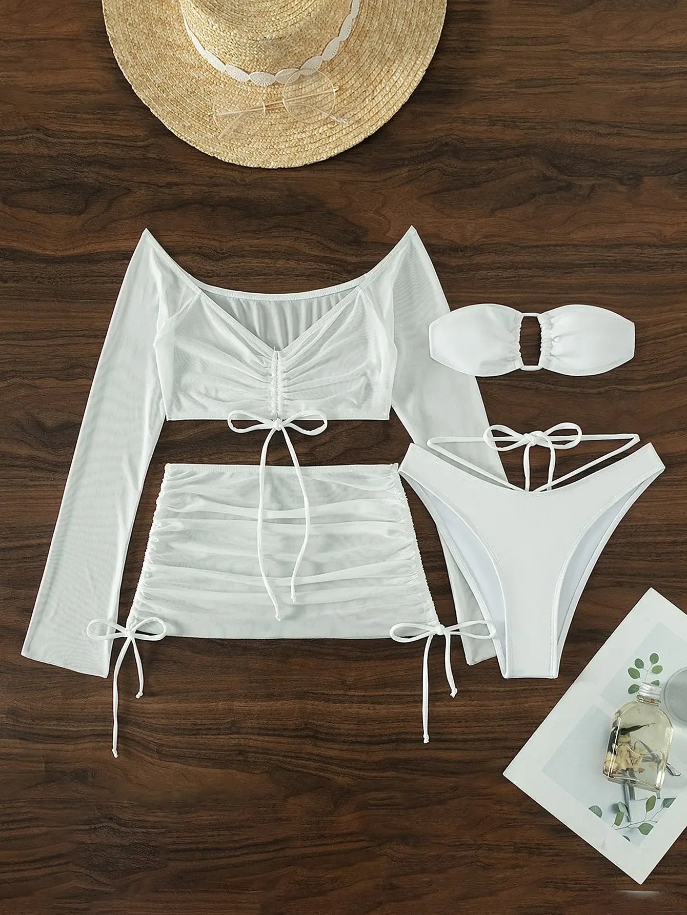 4 Pieces Lace Up Halter Triangle Bikini Swimsuit & Cover Up Top With Skirt Sexy Swimwear Women 2023 Bathing Swimming Suit Female