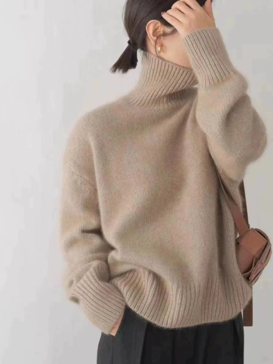 Turtleneck 100% pure cashmere women's loose sweater thickened autumn and winter wool sweater jumper lazy base