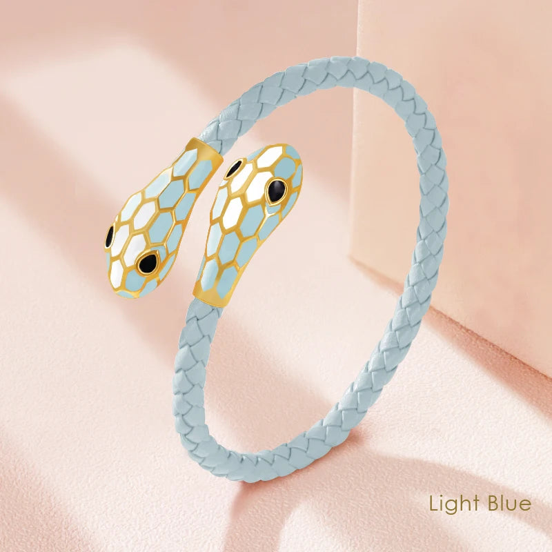 Double Snake Head Cuff Bangles Braided Leather