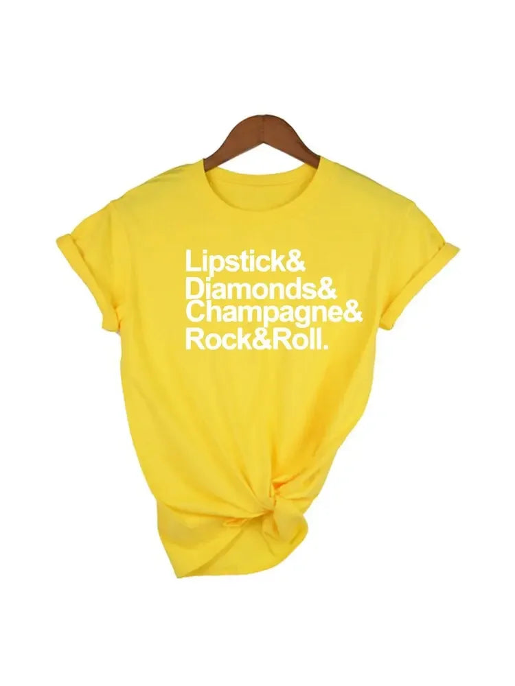 Lipstick Diamonds Champagne Rock and Roll Women Shirts Streetwear Short Sleeve Casual O-Neck T-shirt Tumblr Tops Tee tshirts
