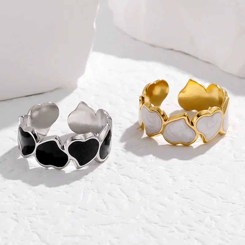 Stainless Steel Black White Heart Rings For Women Gold Color Oil Drip Open Couple Rings Wedding Jewelry Gift Bijoux Femme Luxlife Brands