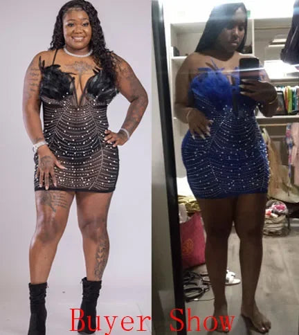 Off The Shoulder Mesh Rhinestone Beaded Feather Prom Corset Dress See Through Night Club Evening Wedding Party Sexy Mini Dresses LUXLIFE BRANDS