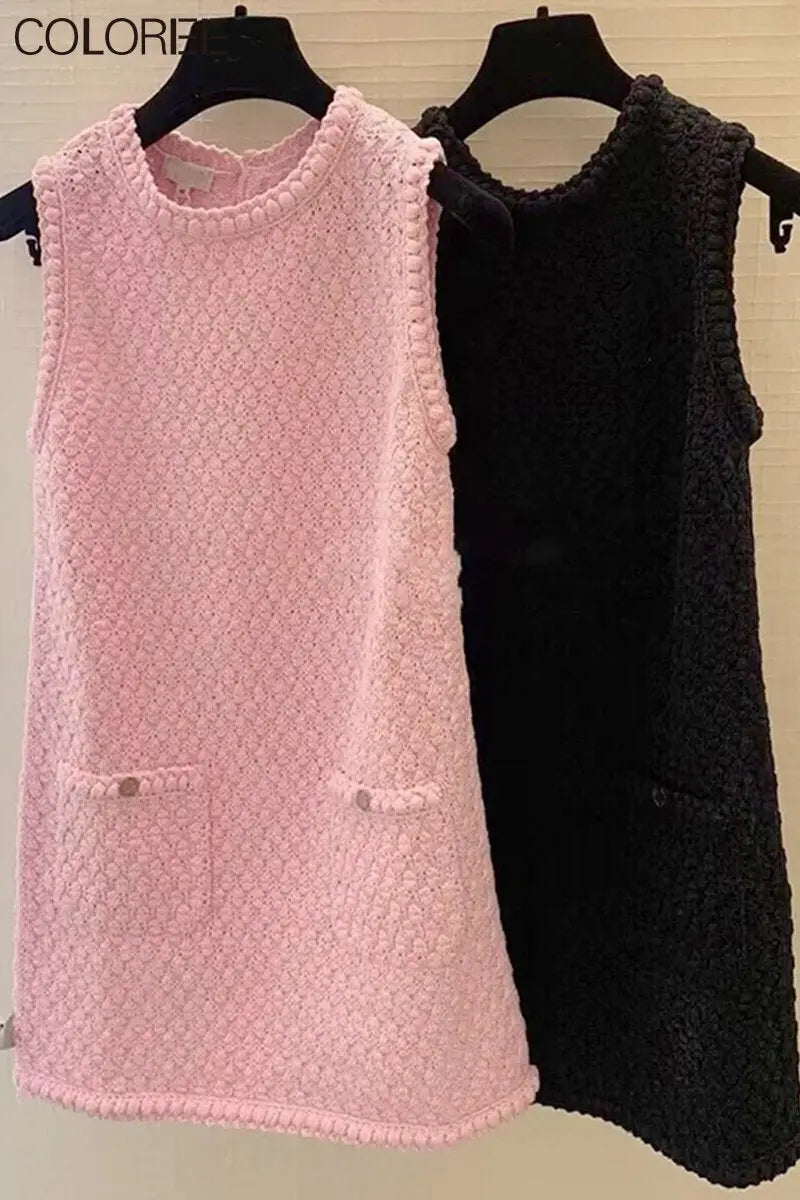 Pink Black Knitted Dress Women Elegant Luxury O-neck Sleeveless Pockets A-line Mini Dresses 2023 Vestido Feminino