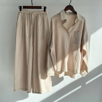 2023 Cotton Linen Women's Pijamas Set Sweatshirt Loose Sleepwear Women's 2pcs Long Sleeve Pants Set Retro Oversize Suit Pockets