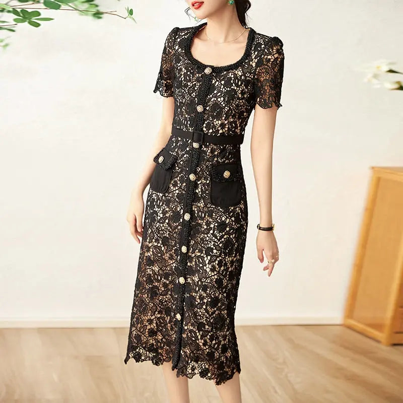 High Quality Pink Lace Dress For Women Summer Vintage Square collar Buckles Slim Mid Dress Hollow out Robes Female Party Vestido