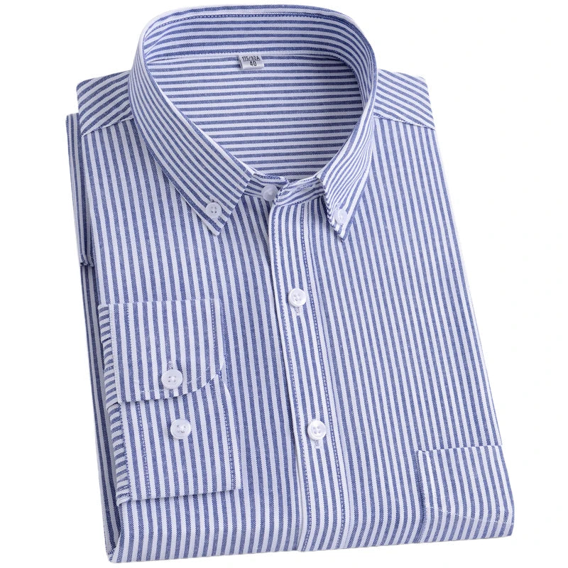 Cotton Blend Long Sleeve Striped Oxford Shirt