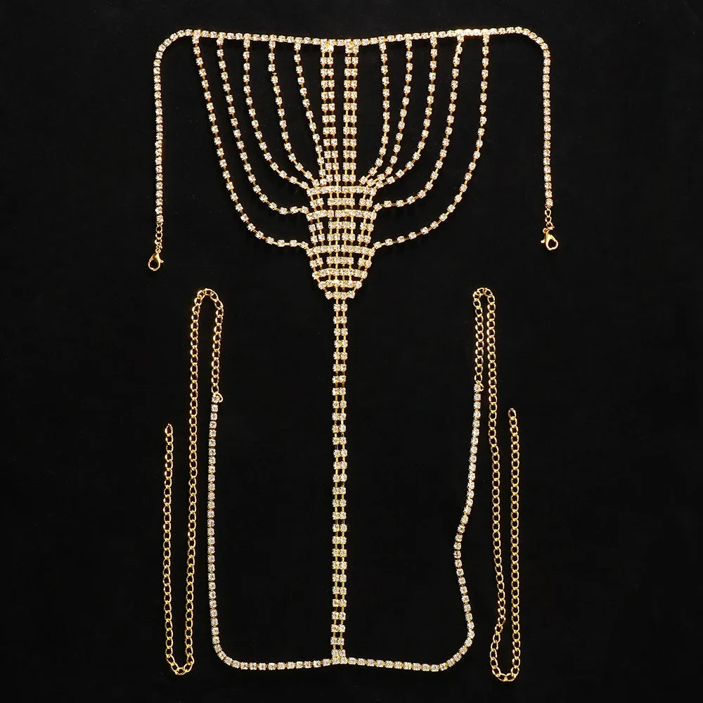 Geometric Rhinestone Tassel Thong Body Chain – Luxury Crystal Lingerie & Shimmering Waist Harness for Raves, Festivals & Beachwear