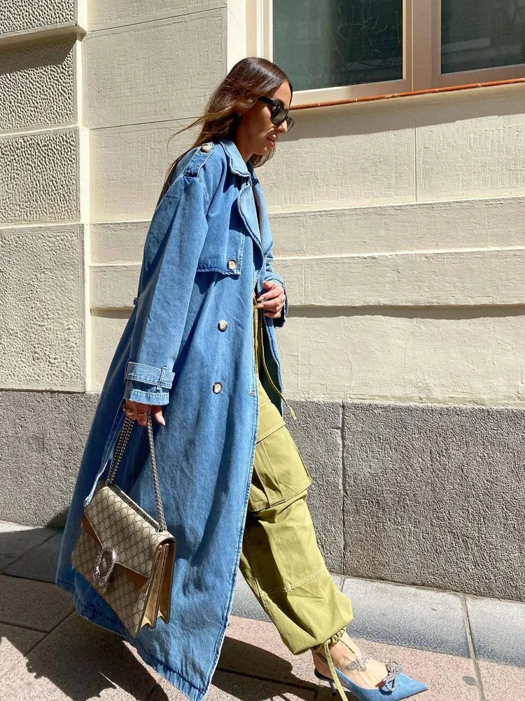 Denim Trench Coats For Women Belt On Waist Slim Jean Coats Ladies Jaqueta Feminina Blue Jean Jacket Woman LUXLIFE BRANDS