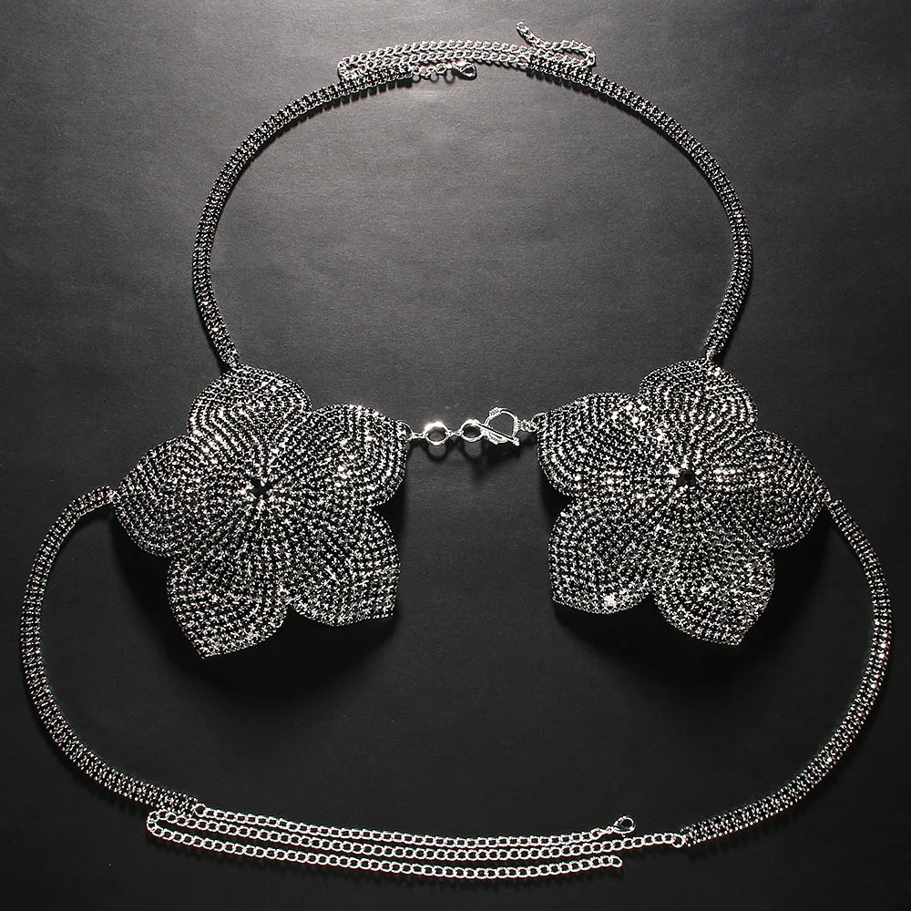 Crystal Flower Bust Chain Bra – Luxury Rhinestone Harness Top & Statement Lingerie for Raves, Festivals & Nightclub Events