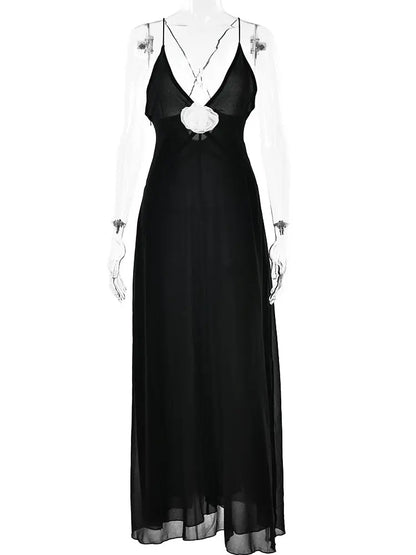 Fantoye Deep V-neck 3D Flower Women Long Dress Black Backless Spaghetti Strap Evening Dress Female Summer Elegant Party Clubwear