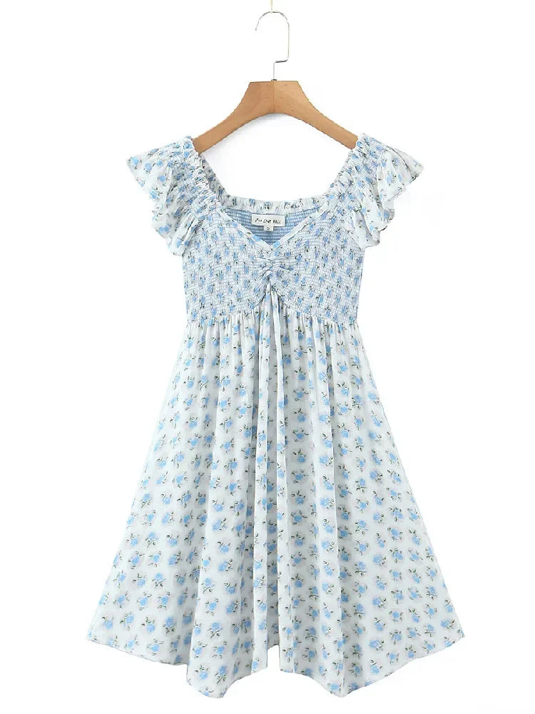 Sexy White Blue Flower Print Ruffle Strap Mini Dress V neck Ruched Elastic Chest Corset Sleeveless Short Tank Robe Holiday Woman