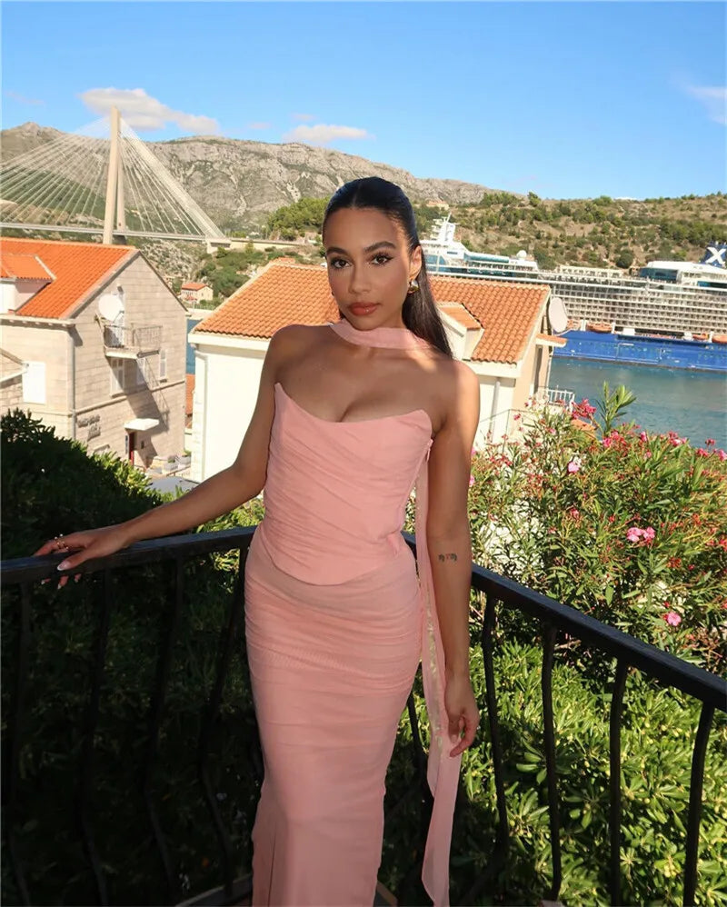 Mozision Wine Red Sexy Two Piece Sets Women Neckerchief Strapless Crop Tops And Maxi Skirt Sets Club Party Skirt Two Piece Sets Luxlife Brands