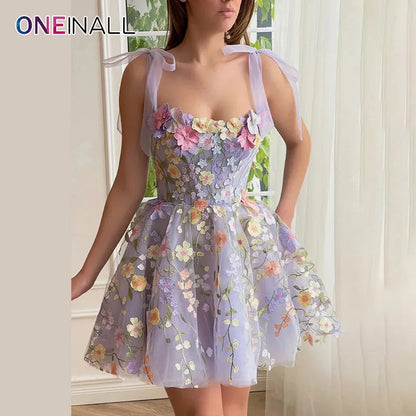 ONEINALL Patchwork Floral Mini Dresses For Women Square Collar Sleeveless Spliced Zipper Hit Color Mesh Dress Female Summer New