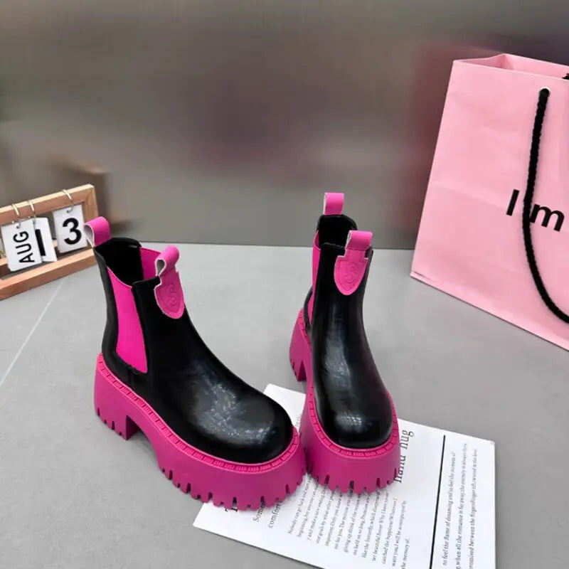 Winter Luxury Design Punk Gothic Street Women's Shoes Green Pink Thick Sole Chunky Heel Slim Chelsea Ankle Boots Fashion Boots