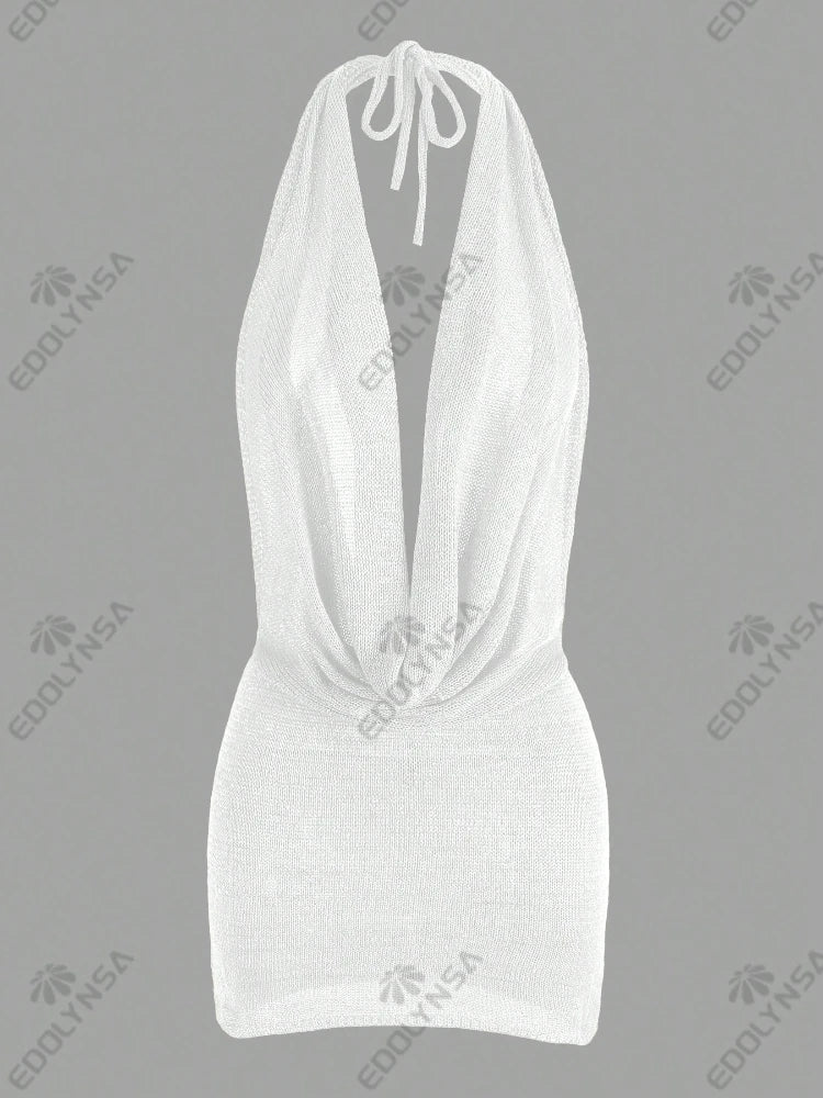 2026 Women New Year Bright Silk Dresses Sexy Stacked V Halter Neck Backless Knit Beach Mini Dress Summer Swimsuit Cover Up K145 Luxlife Brands