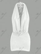 2026 Women New Year Bright Silk Dresses Sexy Stacked V Halter Neck Backless Knit Beach Mini Dress Summer Swimsuit Cover Up K145 Luxlife Brands