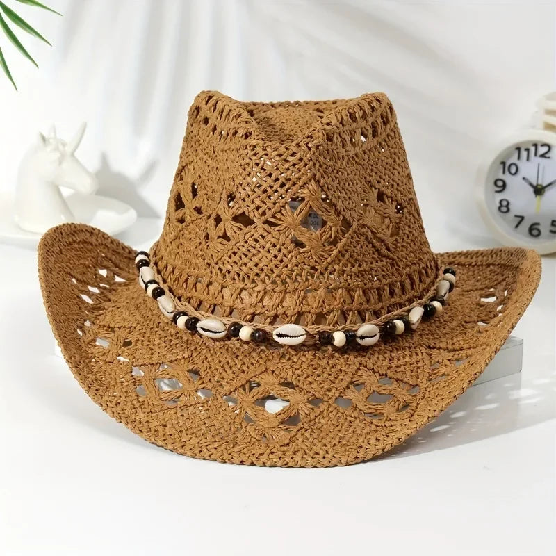 Summer with Shell Beach Hat Women Western Cowboy Hat Wide Brim Sunscreen Sun Hats for Outdoor Breathable Hand-Woven Straw Panama