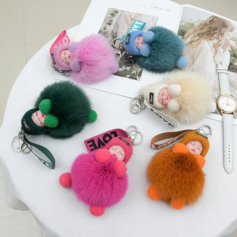 Pompom Sleeping Baby Keychain Cute Fluffy Plush Doll Keychains Women Girl Bags Keyrings Cars Key Ring Gift Charming Decoration LUXLIFE BRANDS