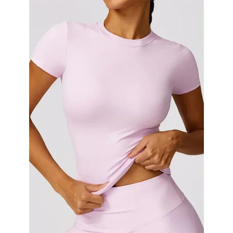 Seamless Yoga Set Women Pink Short Sleeve Top with High Waist Leggings Two Piece Workout Clothes Sports Fitness Gym Sets