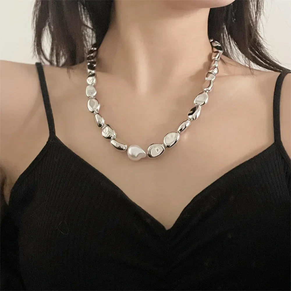 Vintage Silver-plate Geometric Exaggerated Artificial Pearl Chain Necklace For Women Female Fashion Boho Y2K Girl Jewelry Gift Luxlife Brands