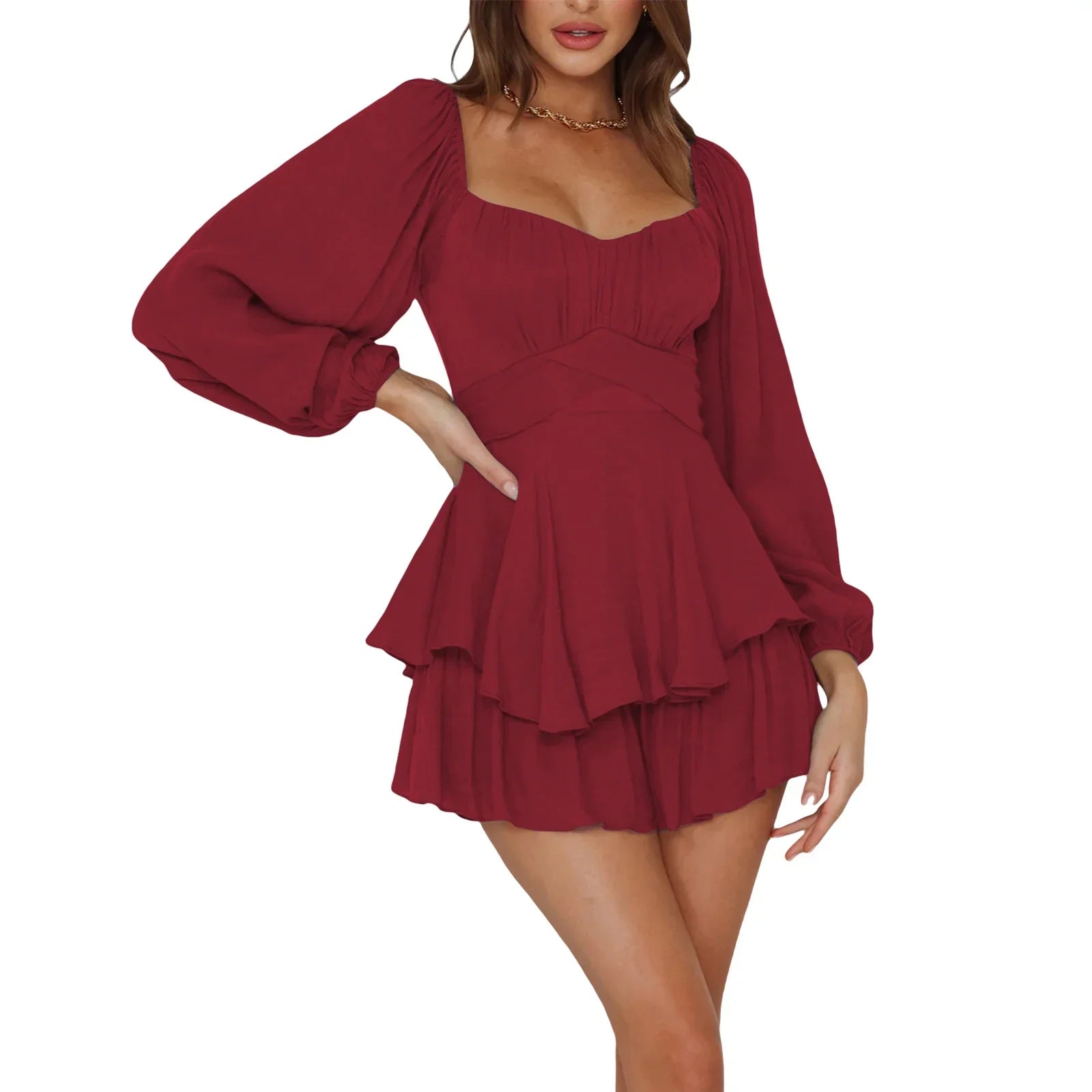 Puff Sleeve Ruffle Dress with Shorts
