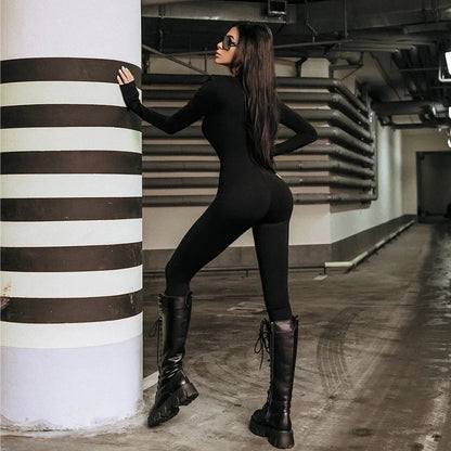 Solid V-neck Long Sleeves With Shoulder Pads Bodycon Jumpsuit Woman Autumn Winter Woman Fashion Elegant Club Y2K Sport Jumpsuits LUXLIFE BRANDS