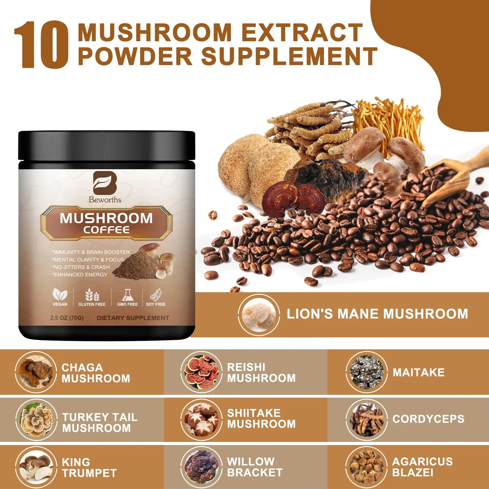 BWEORTHS 250G Mushroom Coffee Mixed Reishi & Lion's Mane Mushrooms Support Immunity and Focus Health Boost Memory NO-GMO 10 in 1