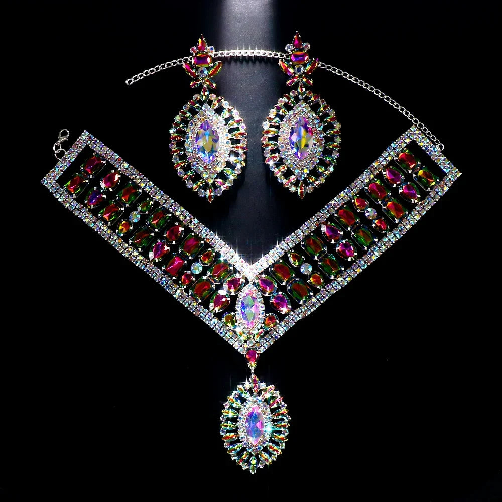 Exaggerated Rhinestone Statement Necklace Earrings Set