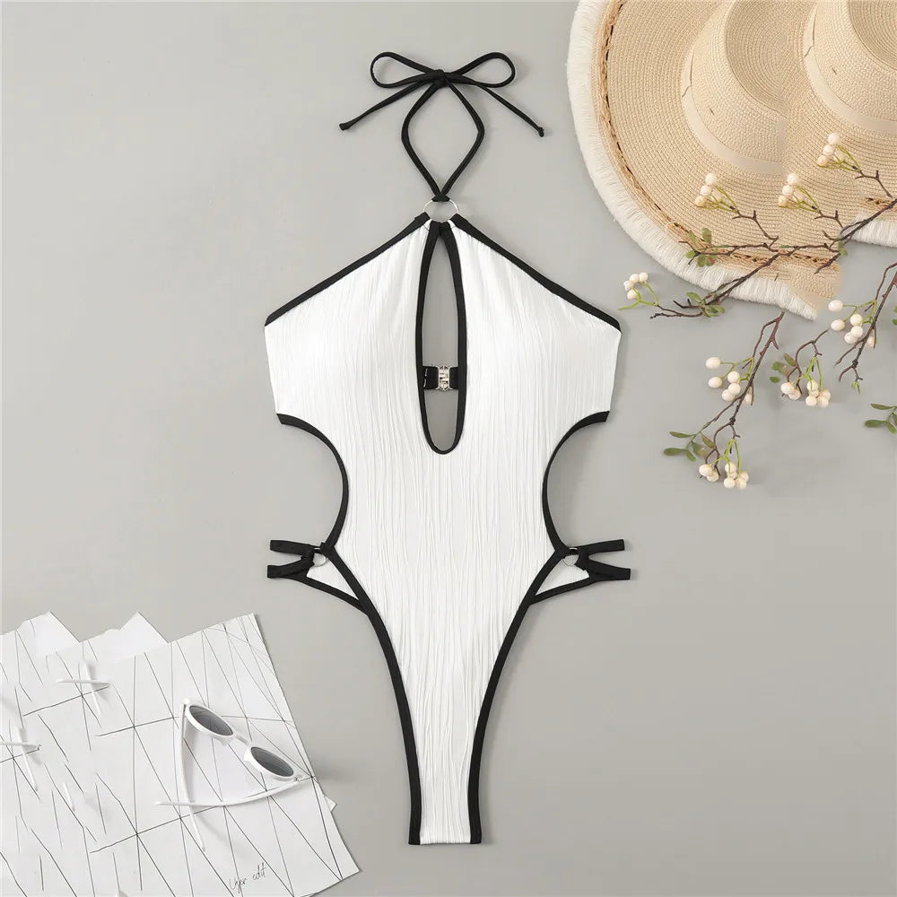 Sexy White Backless Swimwear Women 2024 One Piece Swimsuit Hollow Out Monokini Bathing Suit String Halter Swimming Wear Bather Luxlife Brands