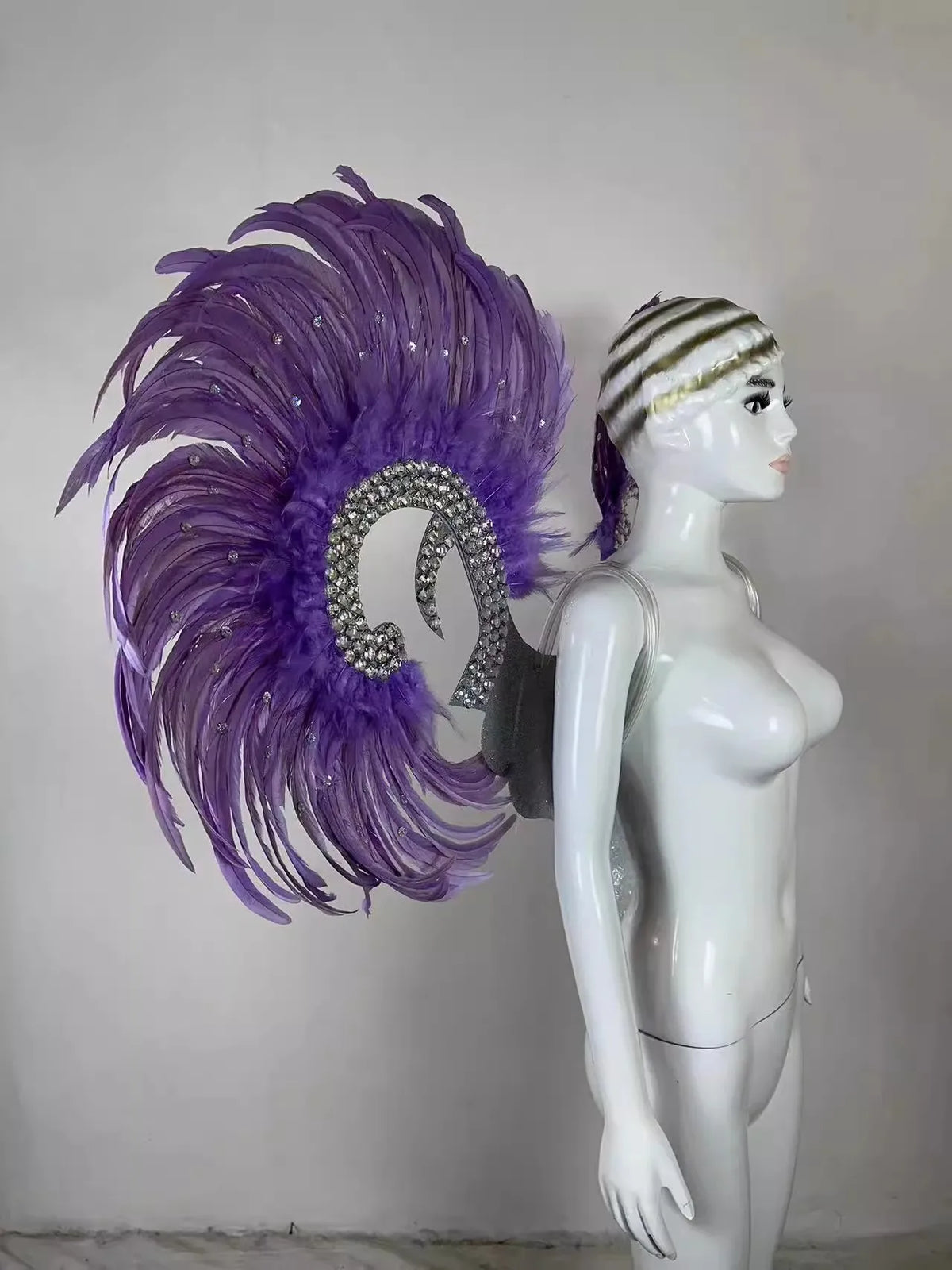 Showgirl Feather Wing Backpiece with Rhinestone Scroll Frames