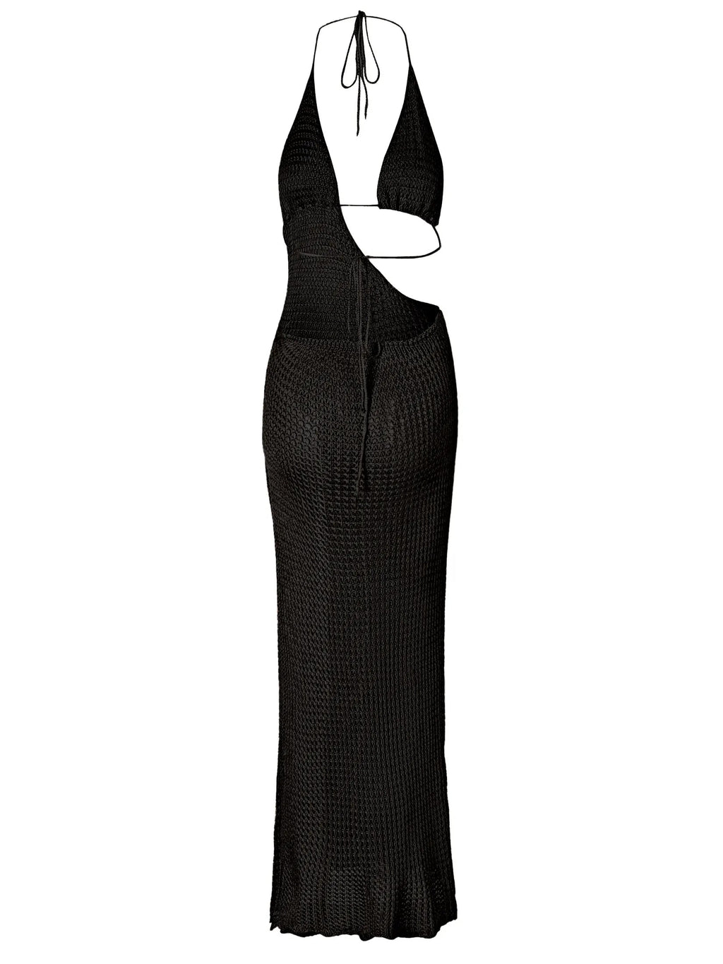 Sexy Slim Low-cut Tie Knit Halter Cut Out Circle Decoration High Slit Beach Maxi Dress 2025 Women Summer Swimsuit Cover Up K88 Luxlife Brands