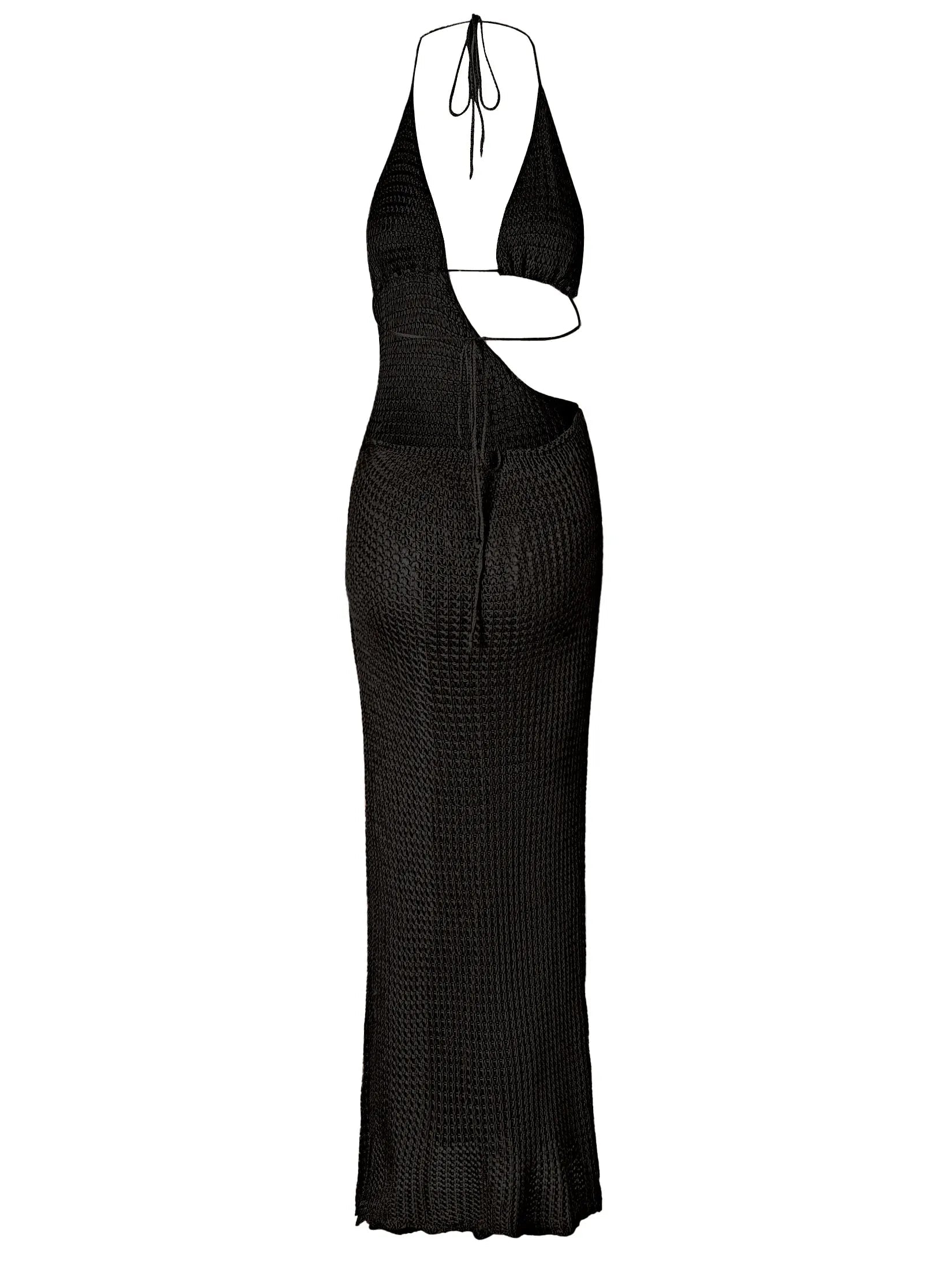 Sexy Slim Low-cut Tie Knit Halter Cut Out Circle Decoration High Slit Beach Maxi Dress 2025 Women Summer Swimsuit Cover Up K88 Luxlife Brands