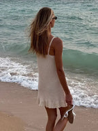 2025 Women Comfy Swimsuit Cover Up Seaside Holiday Club Dresses Sexy Crochet Halter V Neck Chic Ruffle Knit Beach Mini Dress K58 Luxlife Brands