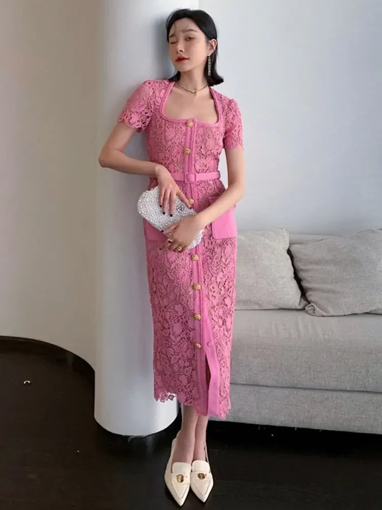 High Quality Pink Lace Dress For Women Summer Vintage Square collar Buckles Slim Mid Dress Hollow out Robes Female Party Vestido