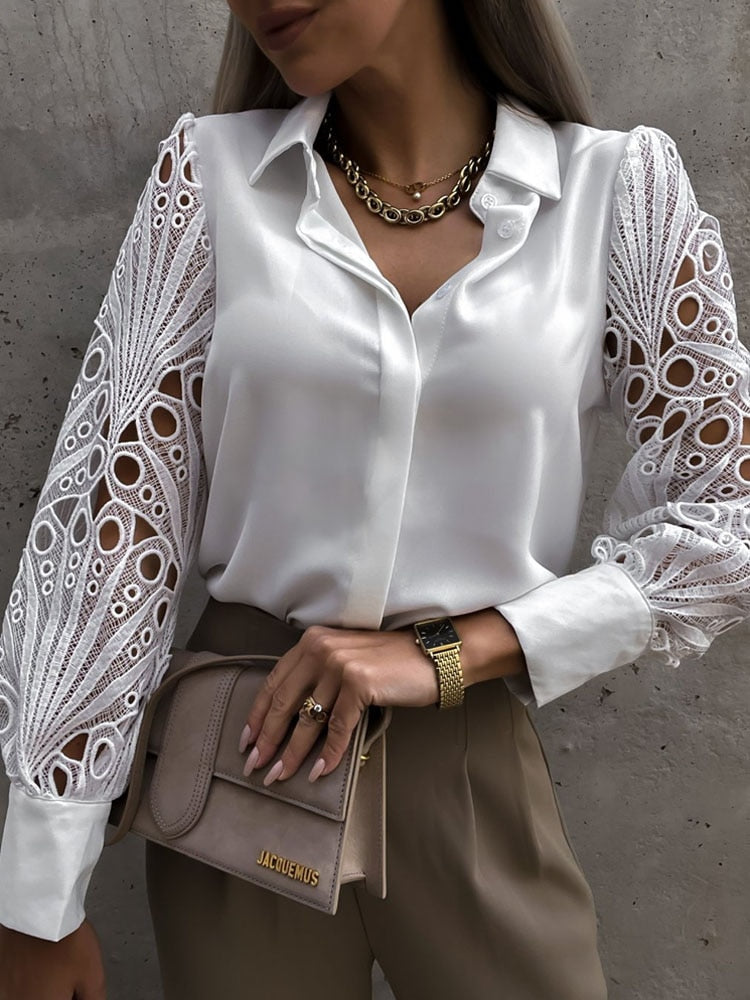 White Sexy Lace Hollow Out Women Blouse 2023 Spring Black Vintage Button Up Shirts Top Long Sleeve Mesh Design Tops Femme 19948