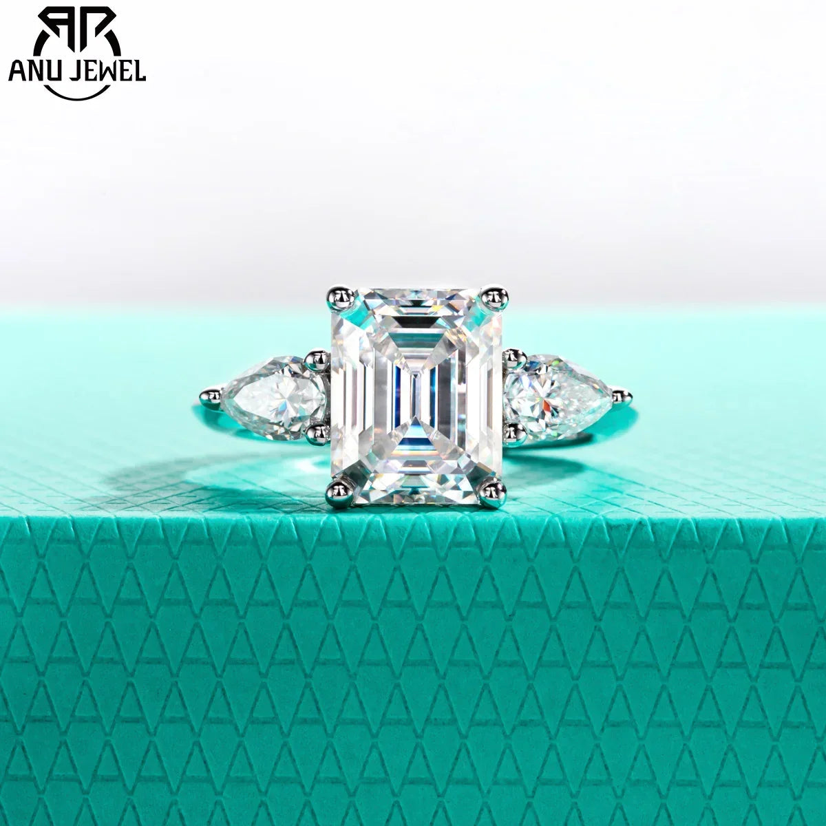 AnuJewel 4ct D Color Emerald Cut Moissanite & 0.5ct Pear Cut Engagement Ring 18K Gold Plated Ideal for Weddings Women's Gifts Luxlife Brands