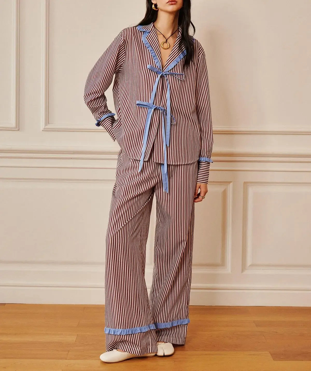 Hirigin Valentines Day Bow Tie Pajamas For Women Silk Satin Bow Striped Pjs Long Sleeve Shirt And Ruffle Lounge Pants Sets S M L