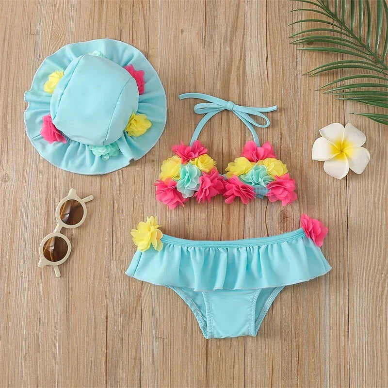 Infant Baby Girl Swimsuit 3D Flower Sleeveless Halter Tank Top Bikini Bottom with Sun Hat Set 0-24M