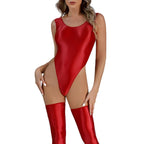 Women Sexy Oil Shiny Bodysuit Strap Solid Swimsuit High Cut Bikini Thong Leotard Thin Smooth Jumpsuit Summer Breath Nightwear Luxlife Brands