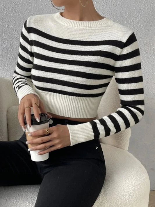 2023 Autumn Winter Women Striped Basic Sweaters Jumper Knitted Crop Tops Bodycon Slim Long Sleeve O-neck Pullover