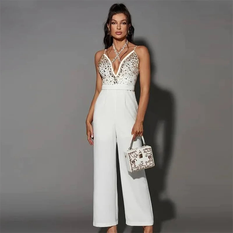 2024 New Fashion Women Sleeveless Lace Up Sexy Loose Wide Leg Jumpsuits White Straight Rhinestone Party Club Jumpsuit Rompers