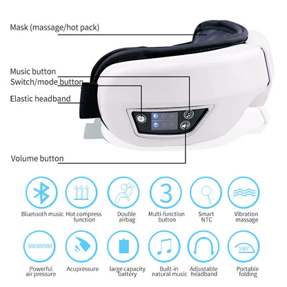 Eye Massager With Heat Smart Airbag Vibration Eye Care Compress Bluetooth Eye Massage Relax Migraines Relief Improve Sleep LUXLIFE BRANDS