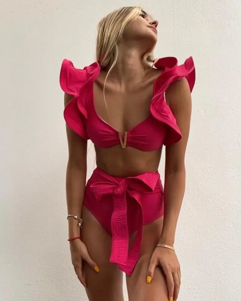 2024 Sexy Bikini Set Women High Waist Classic Off Solid Ruffle Sleeves Swimwear Red Separate Deep V Swimsuit Vintage Beach Set