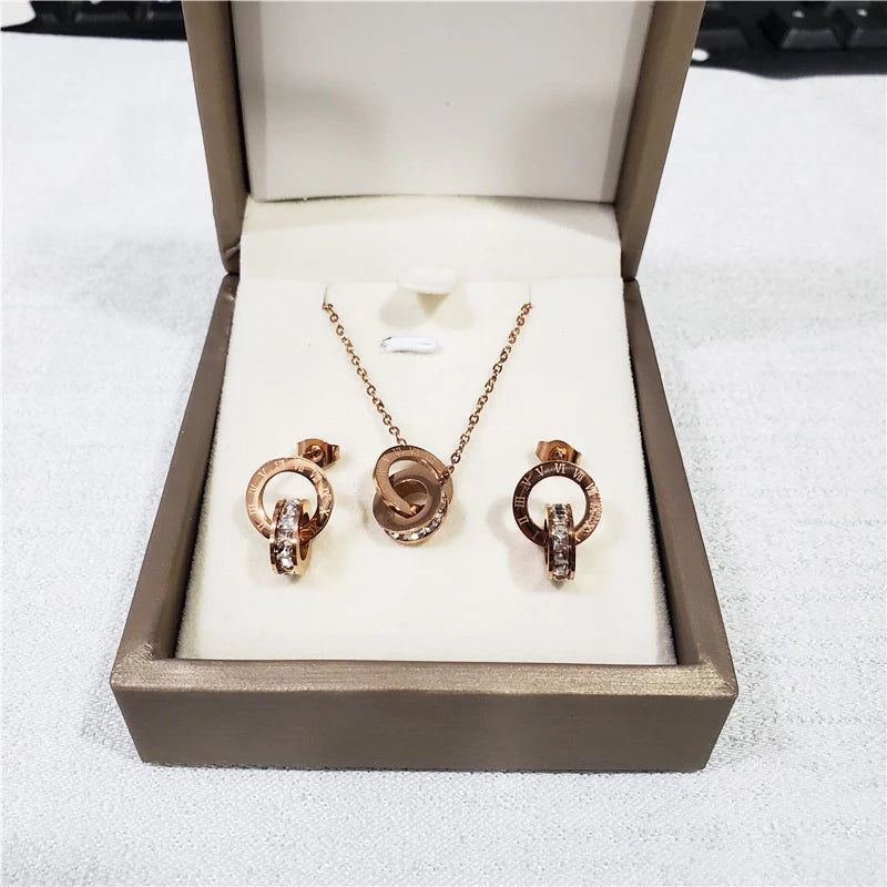 316L Stainless Steel Micro Red White Inlaid Zircon  Roman Digital Lifting Earrings Necklace Wedding Bridal Jewelry Set Luxlife Brands