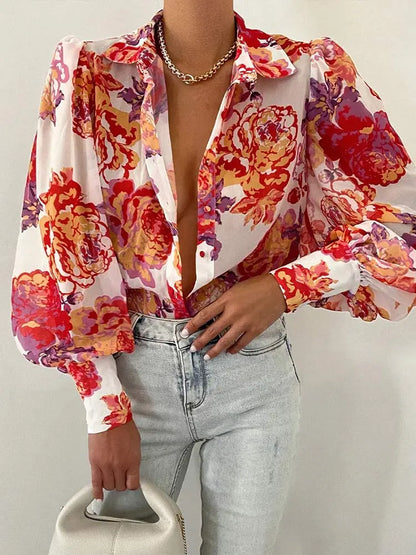 Women&#39;s Floral Print Puff Sleeve Shirt Female Elegant Casual V Neck Shirts 2023 Spring Summer Ladies Tops Blouses Vintage Blouse