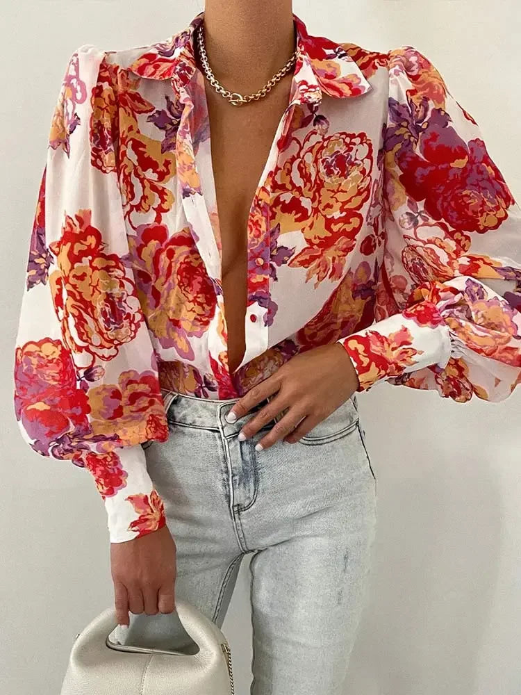 Women&#39;s Floral Print Puff Sleeve Shirt Female Elegant Casual V Neck Shirts 2023 Spring Summer Ladies Tops Blouses Vintage Blouse