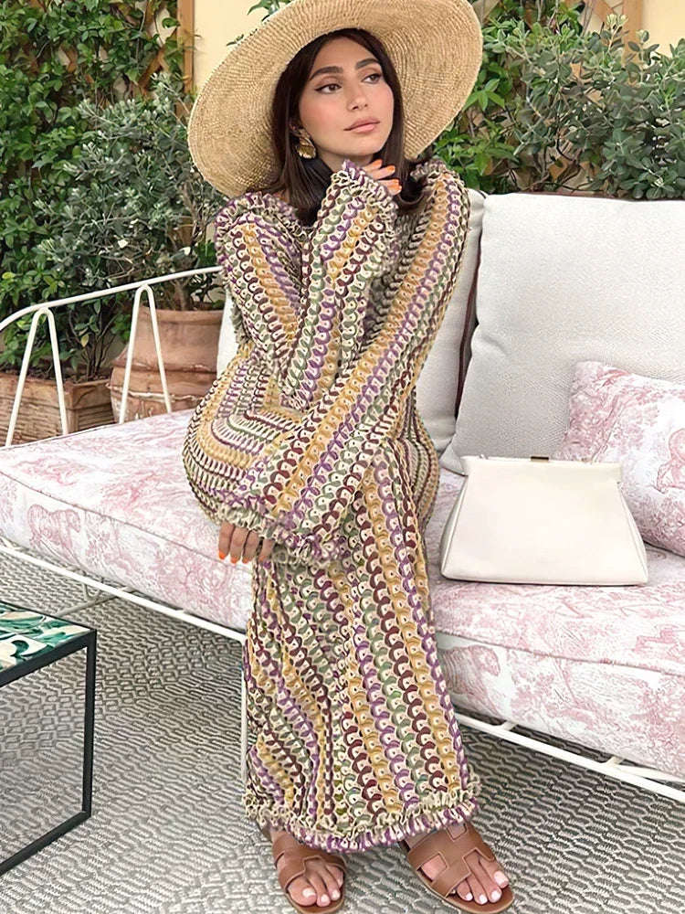 Sexy Backless Flare Sleeve Lace Knit Cut Out Party Beach Maxi Dress 2025 Summer Women Vacation Beachwear Swimsuit Cover Up A2815 Luxlife Brands