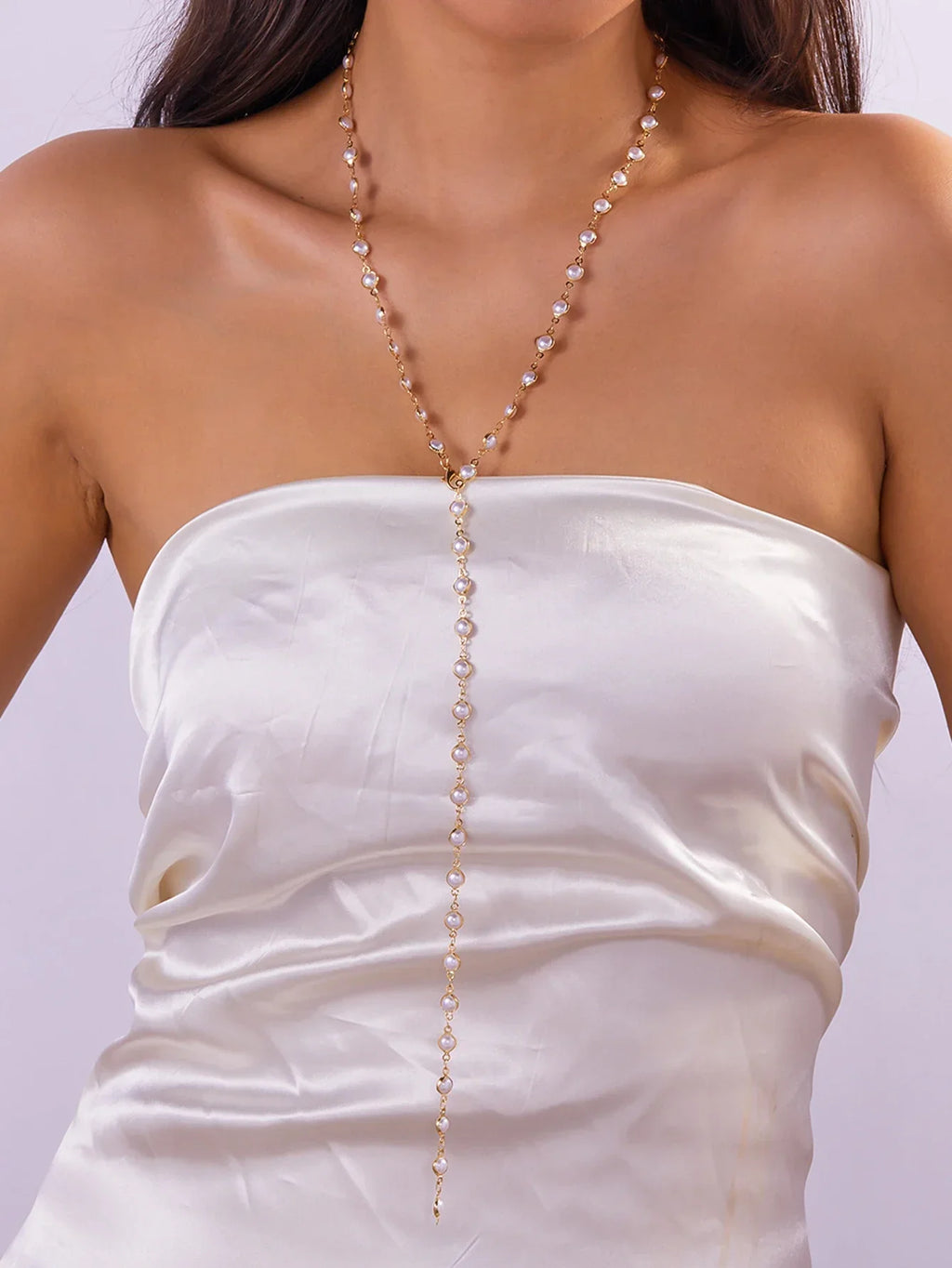 Boho Fashion Y2K Colorful Glass Pearl Long Y-Shaped Necklace Metal Collarbone Chain Holiday Travel Party Body Jewelry Accessory