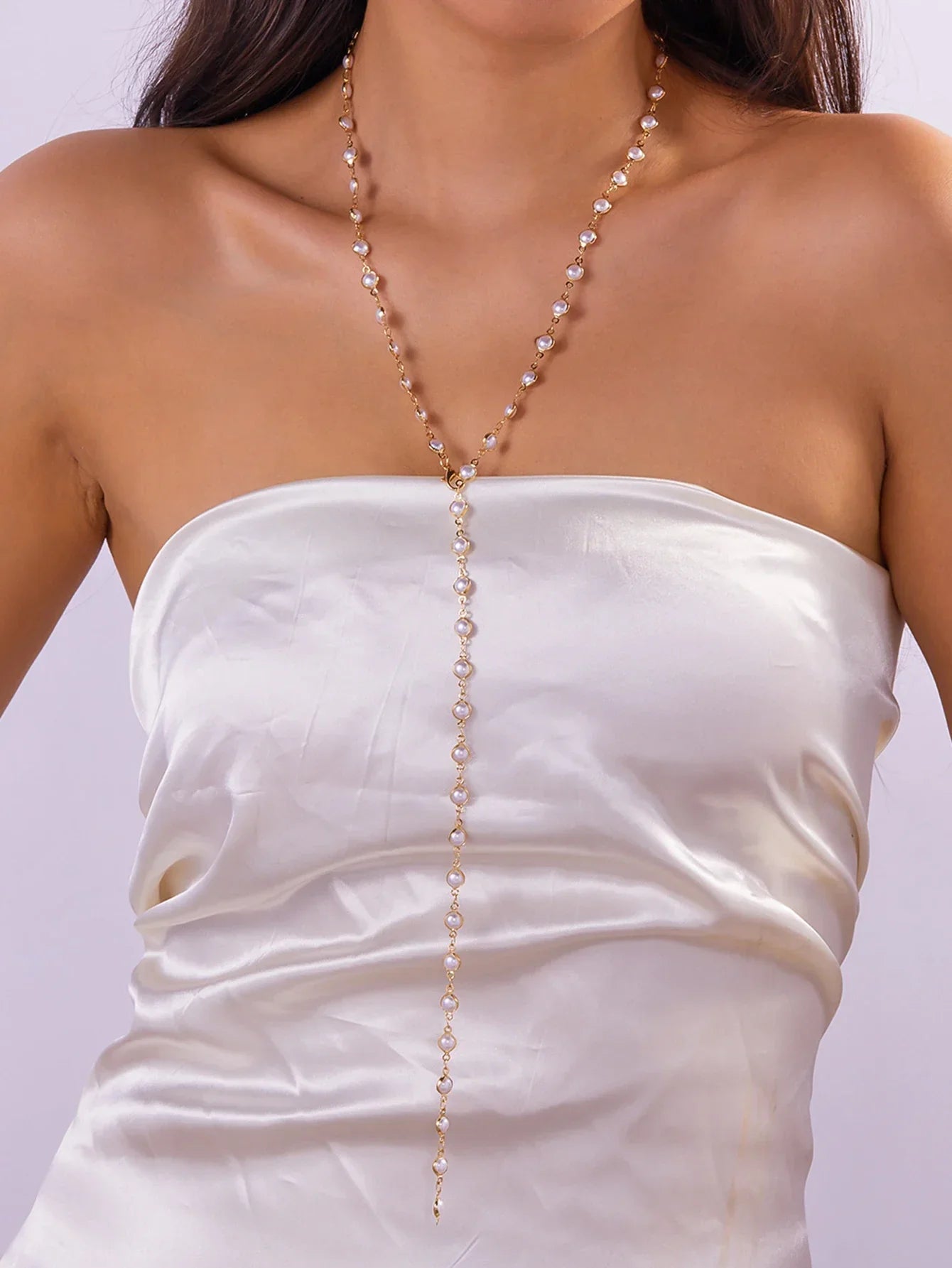 Boho Fashion Y2K Colorful Glass Pearl Long Y-Shaped Necklace Metal Collarbone Chain Holiday Travel Party Body Jewelry Accessory